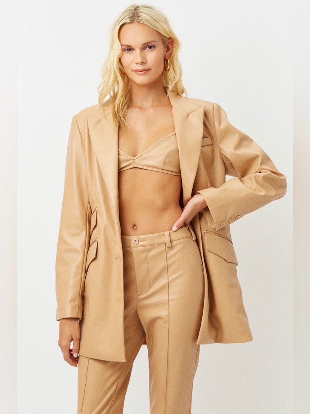 Frankie's Bikinis Diana Nude Camel Vegan Leather Blazer Size Medium